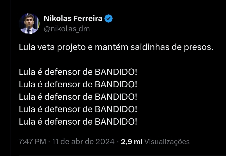 Nikolas ferreira chama Lula de defensor de bandido